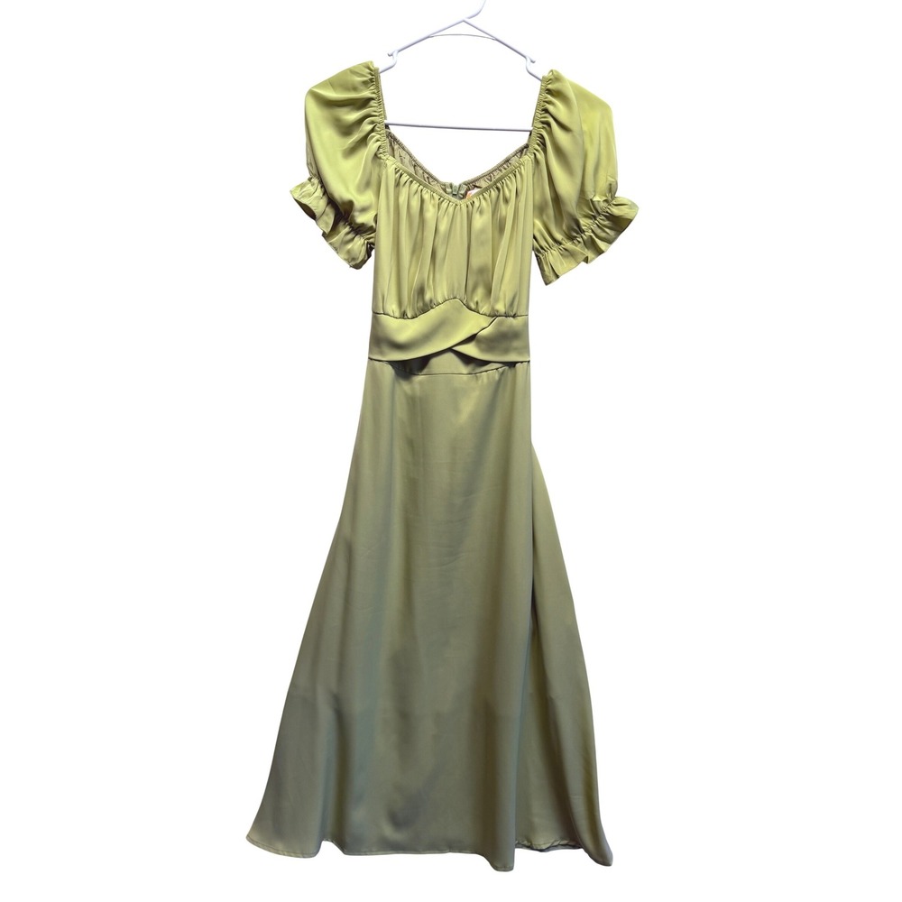 Kirundo Lime Green Satin‎ Puff Sleeve Midi Dress Sweetheart Neck Slit Babydoll S